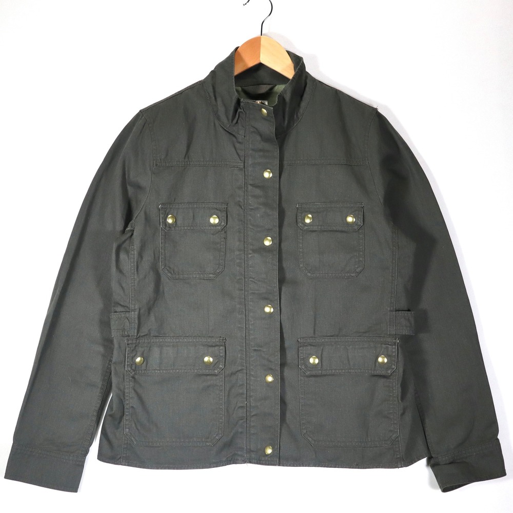 J.Crew Field Jacket Women Large Green Utility Canvas Brass Snap Military Casual